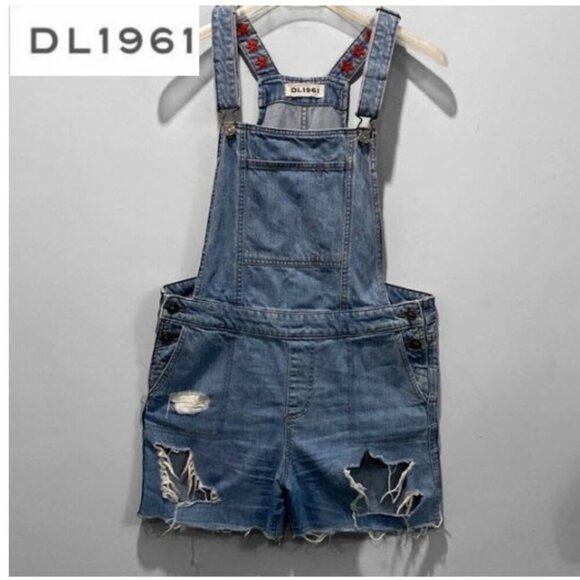 DL1961 Blue Short Overalls Romper with distress Denim Jumpsuit Size medium - Picture 1 of 15